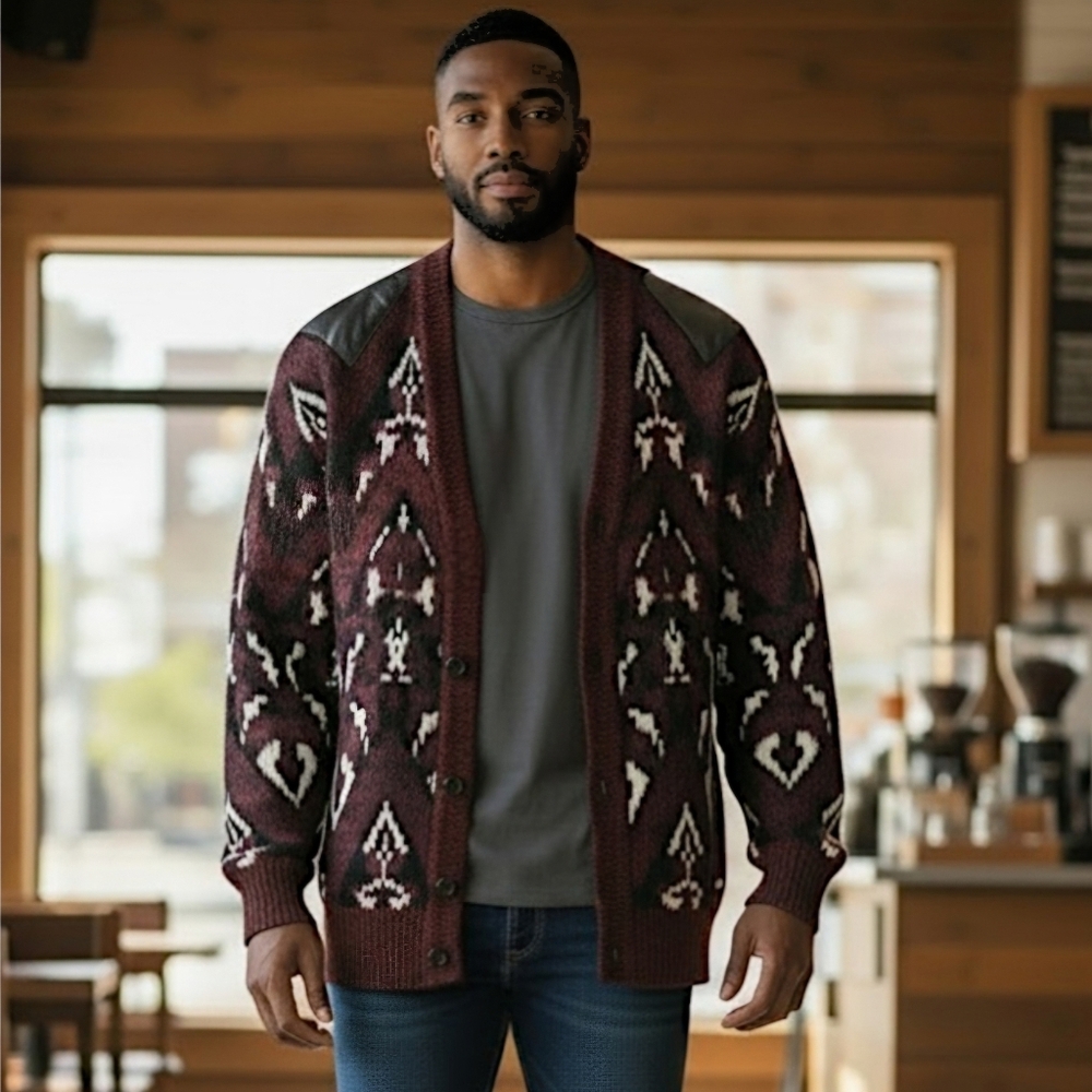 VTG Mens Cardigan Sweater Sz M Maroon Geometric Leather Accents Grandpa Cosby